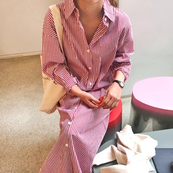 안나.볼리 스트라이프 셔츠 롱 원피스